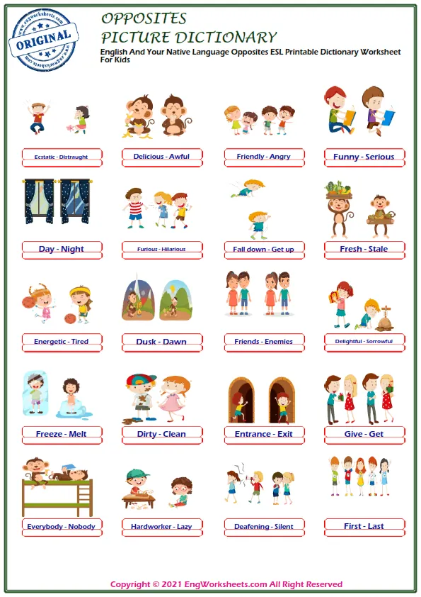 English And Your Native Language Opposites ESL Printable Dictionary Worksheet For Kids Worksheet Preview