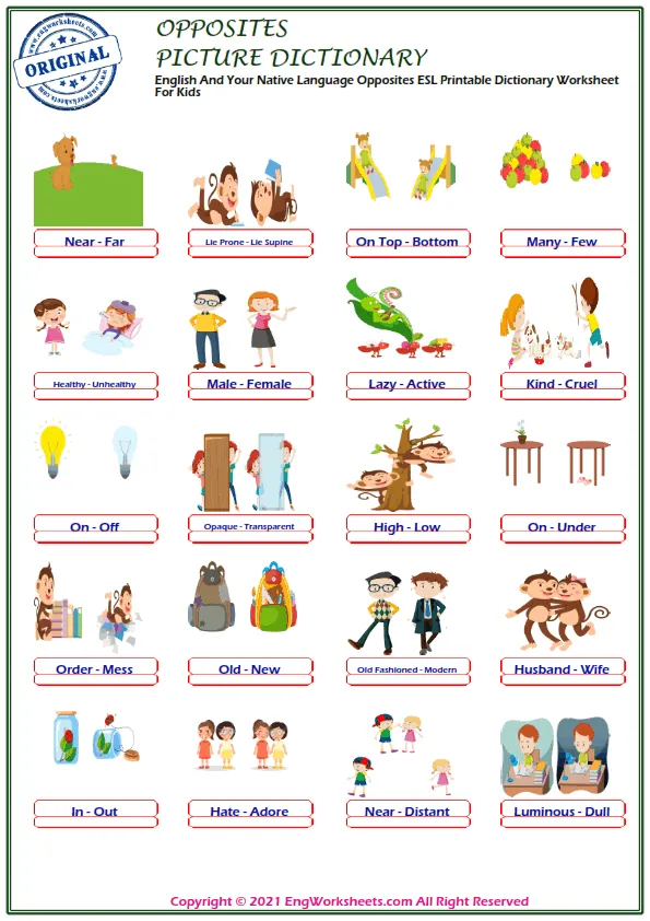 English And Your Native Language Opposites ESL Printable Dictionary Worksheet For Kids Worksheet Preview