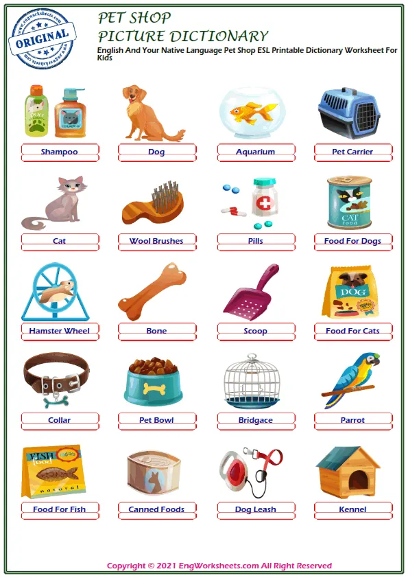 English And Your Native Language Pet Shop ESL Printable Dictionary Worksheet For Kids
