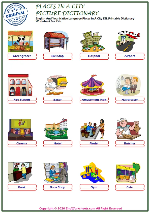 English And Your Native Language Places In A City ESL Printable Dictionary Worksheet For Kids Worksheet Preview