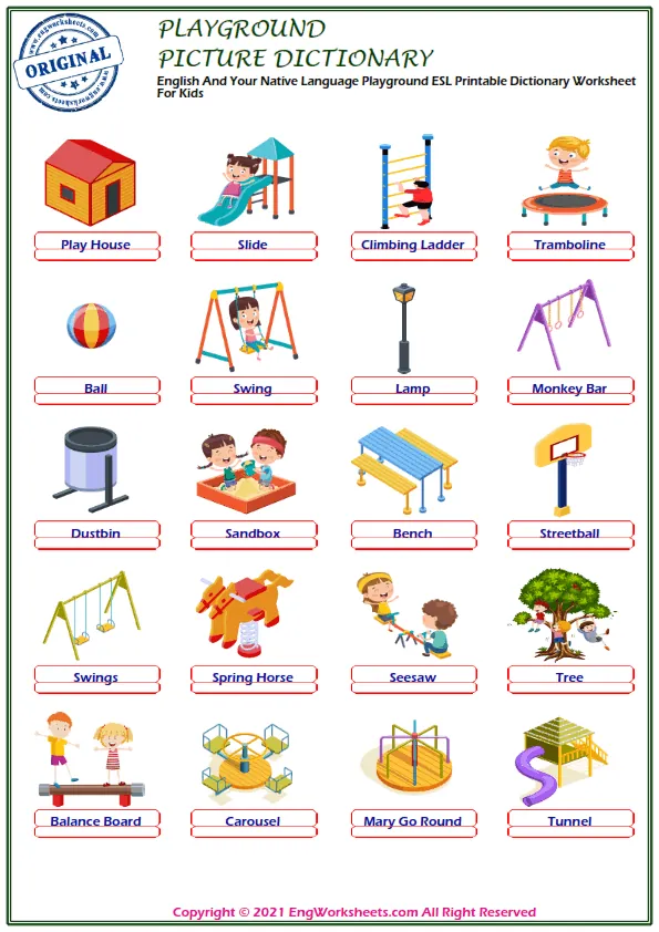 English And Your Native Language Playground ESL Printable Dictionary Worksheet For Kids Worksheet Preview