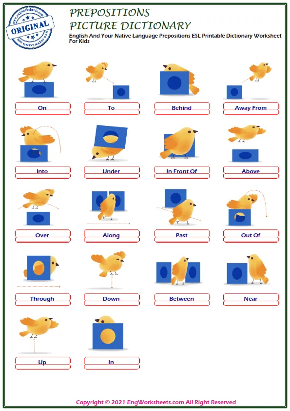 English And Your Native Language Prepositions ESL Printable Dictionary Worksheet For Kids Worksheet Preview