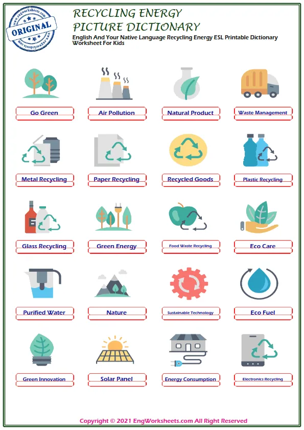 English And Your Native Language Recycling Energy ESL Printable Dictionary Worksheet For Kids Worksheet Preview