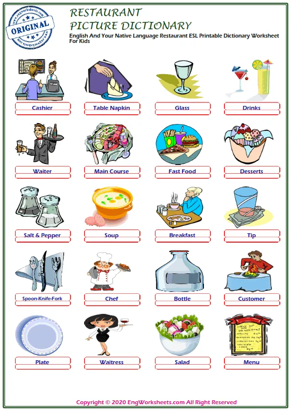 English And Your Native Language Restaurant ESL Printable Dictionary Worksheet For Kids Worksheet Preview