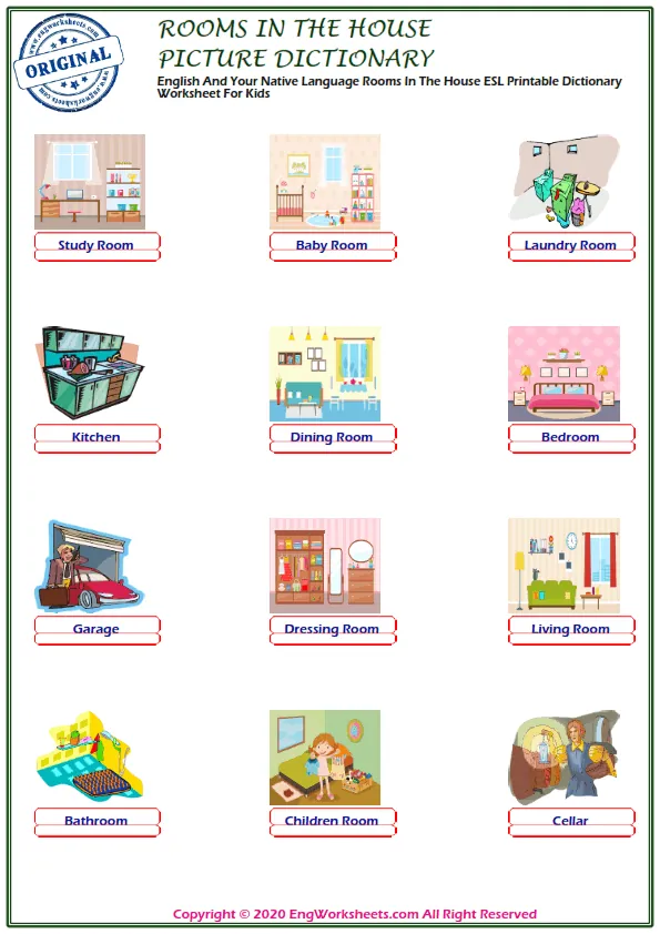 English And Your Native Language Rooms In The House ESL Printable Dictionary Worksheet For Kids Worksheet Preview