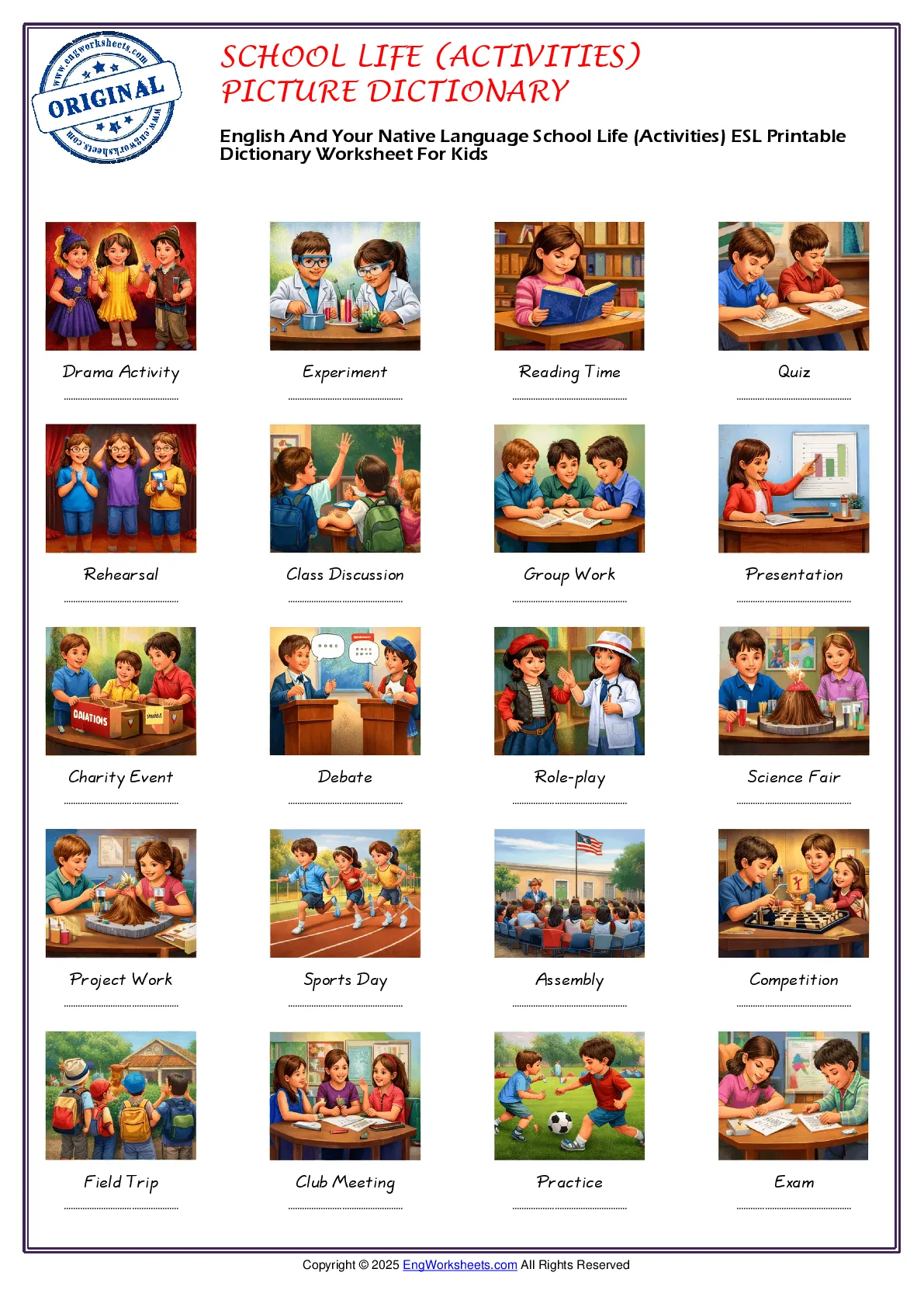 English And Your Native Language School Life (Activities) ESL Printable Dictionary Worksheet For Kids Worksheet Preview