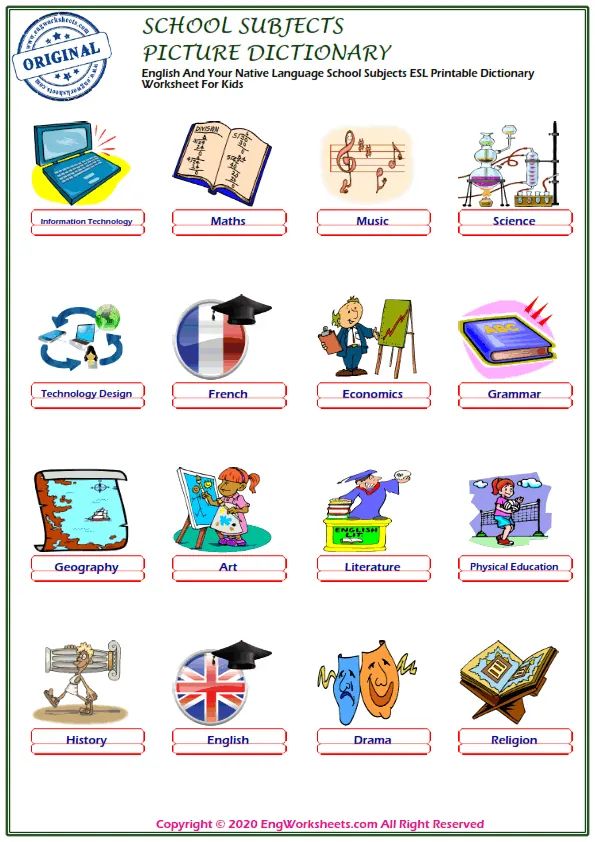English And Your Native Language School Subjects ESL Printable Dictionary Worksheet For Kids Worksheet Preview
