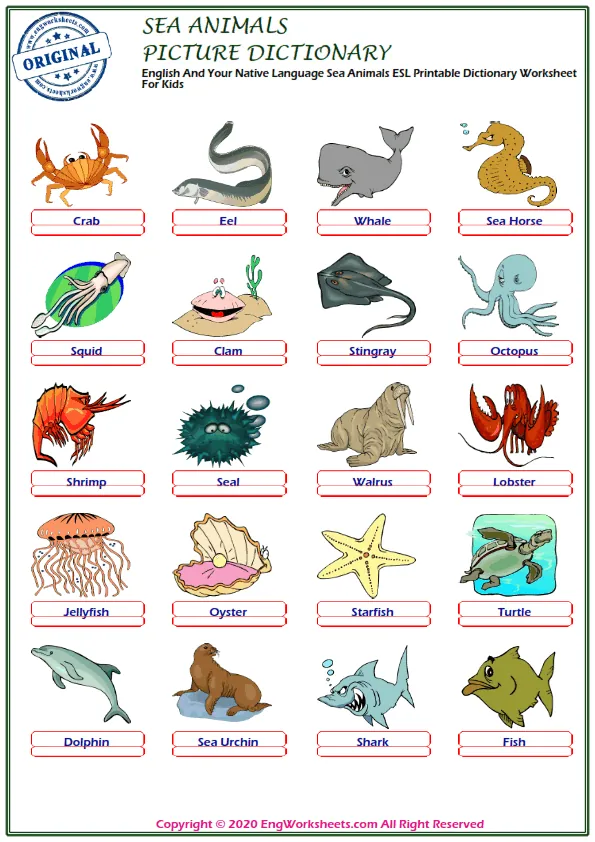 English And Your Native Language Sea Animals ESL Printable Dictionary Worksheet For Kids Worksheet Preview