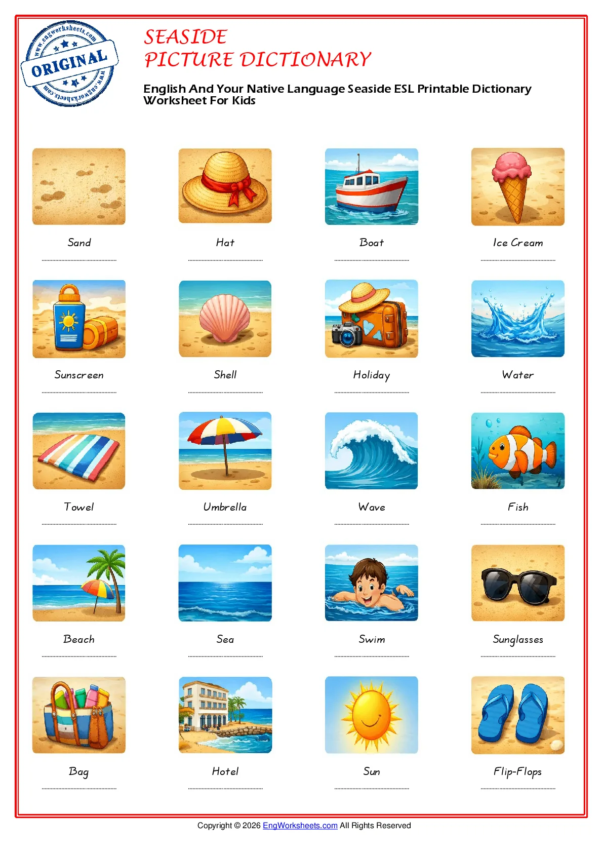English And Your Native Language Seaside ESL Printable Dictionary Worksheet For Kids Worksheet Preview