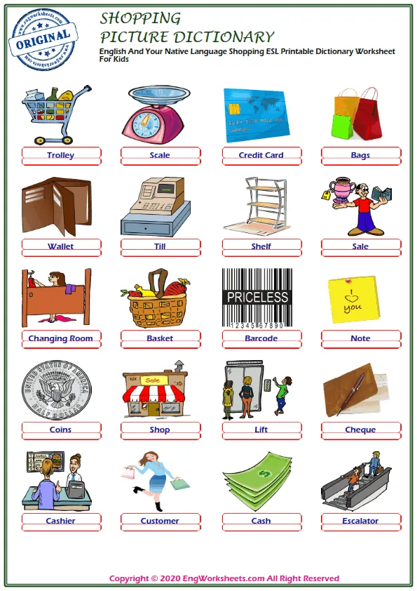 English And Your Native Language Shopping ESL Printable Dictionary Worksheet For Kids