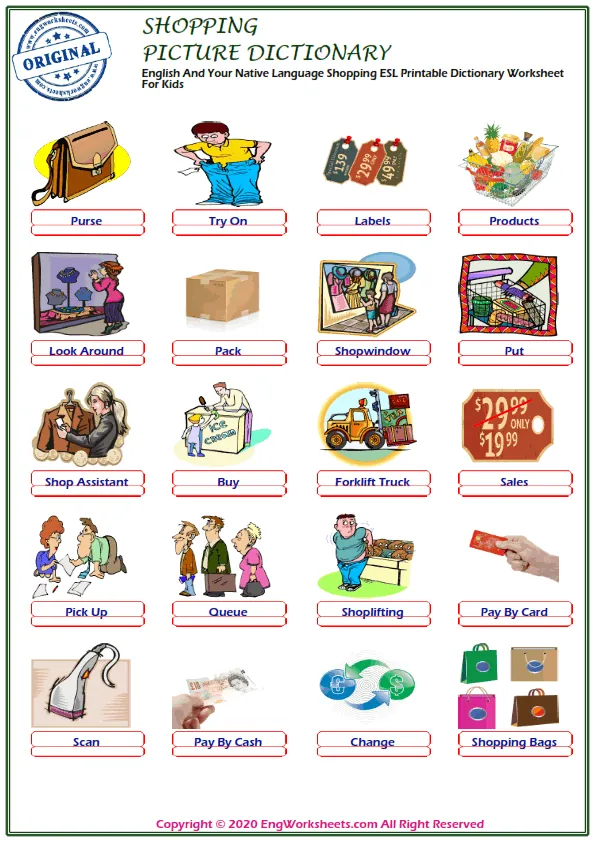 English And Your Native Language Shopping ESL Printable Dictionary Worksheet For Kids Worksheet Preview
