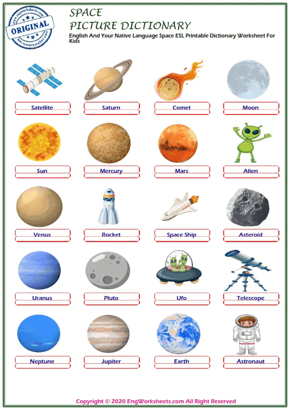 English And Your Native Language Space ESL Printable Dictionary Worksheet For Kids