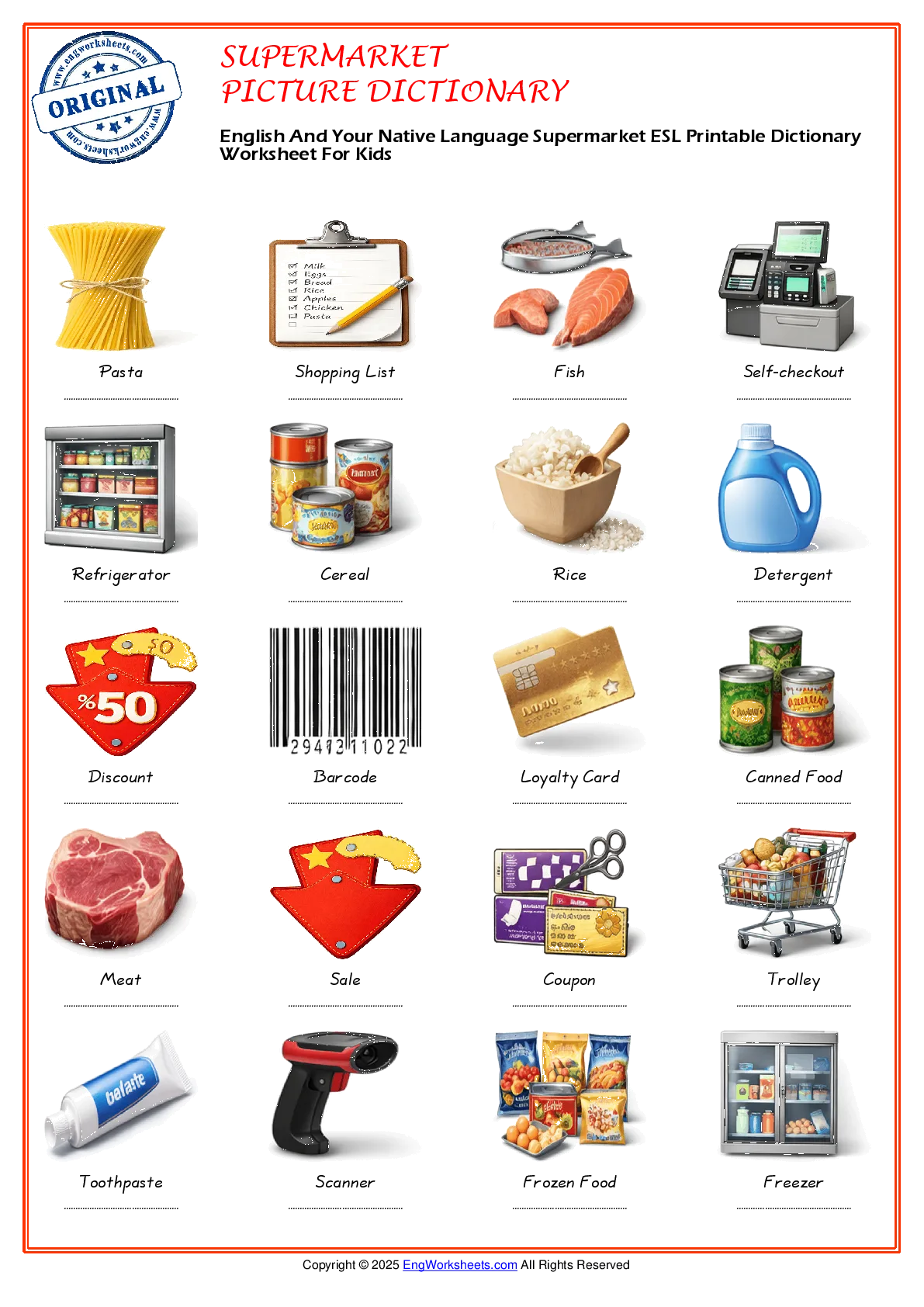 English And Your Native Language Supermarket ESL Printable Dictionary Worksheet For Kids Worksheet Preview