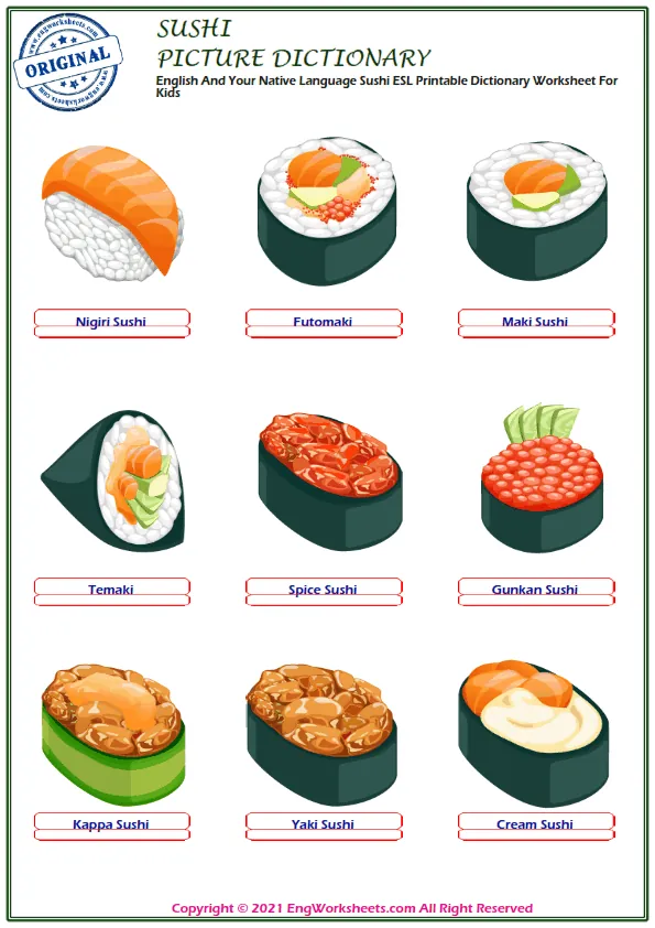 English And Your Native Language Sushi ESL Printable Dictionary Worksheet For Kids Worksheet Preview