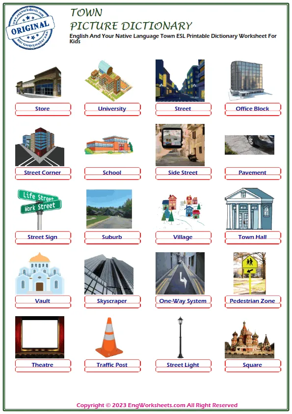 English And Your Native Language Town ESL Printable Dictionary Worksheet For Kids Worksheet Preview