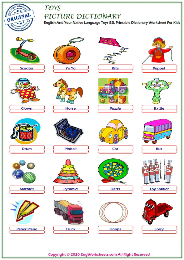 English And Your Native Language Toys ESL Printable Dictionary Worksheet For Kids Worksheet Preview