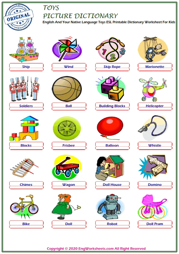 English And Your Native Language Toys ESL Printable Dictionary Worksheet For Kids Worksheet Preview