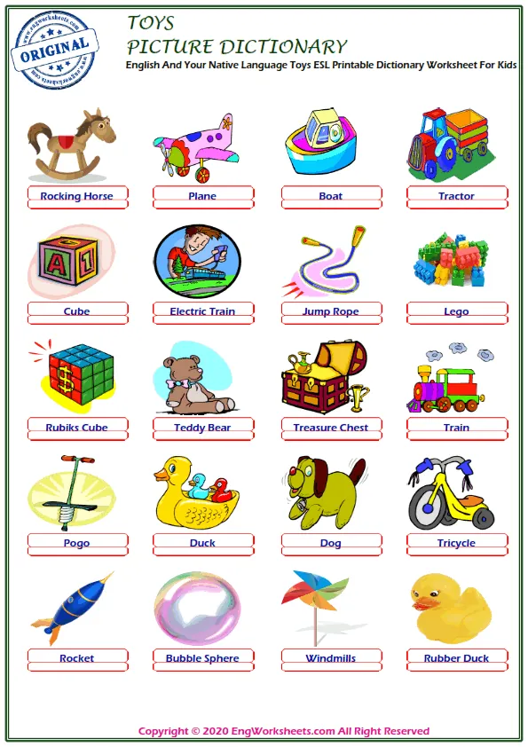 English And Your Native Language Toys ESL Printable Dictionary Worksheet For Kids Worksheet Preview