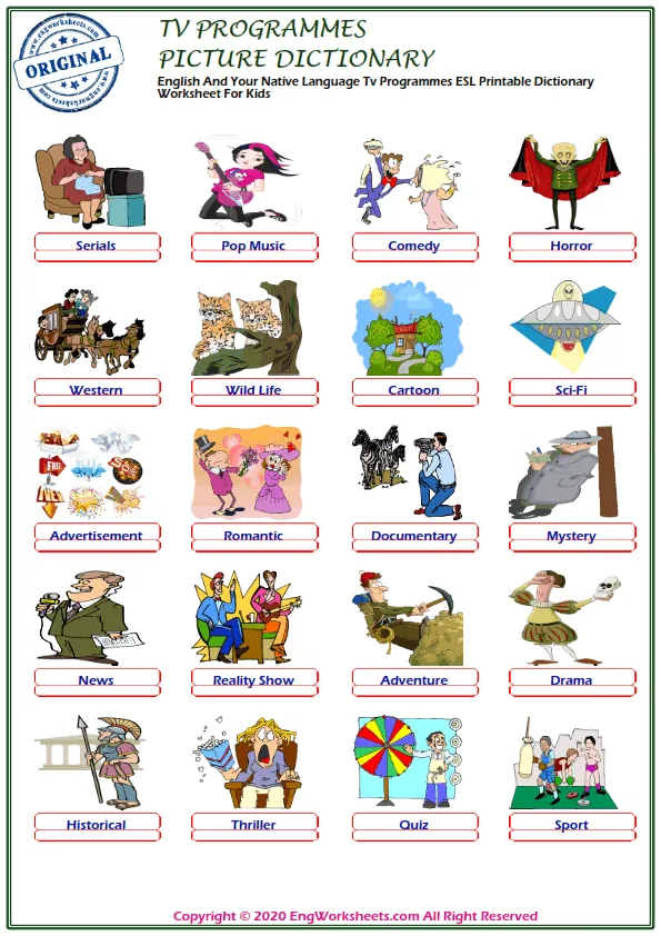 English And Your Native Language Tv Programmes ESL Printable Dictionary Worksheet For Kids