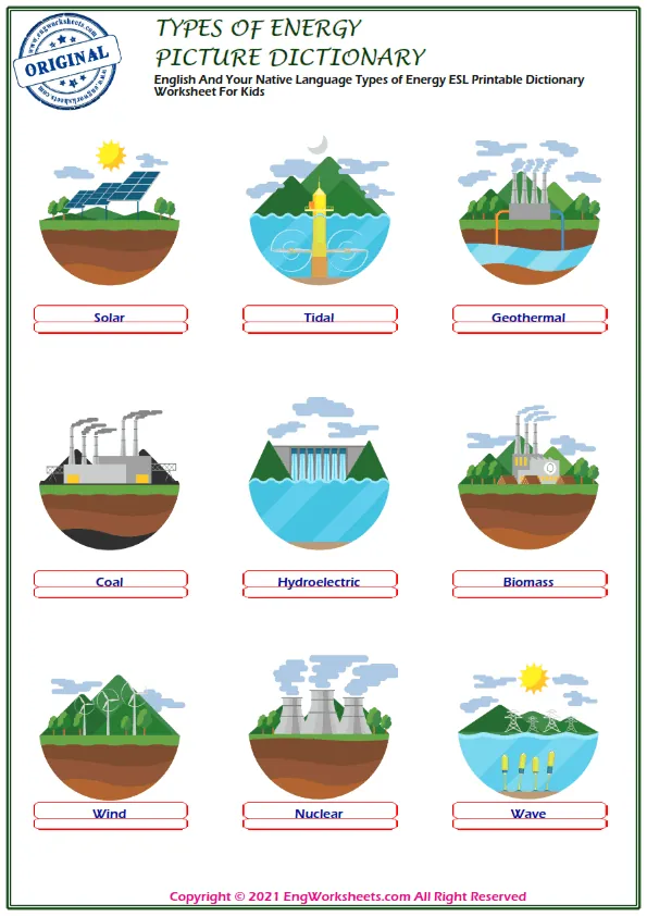 English And Your Native Language Types of Energy ESL Printable Dictionary Worksheet For Kids Worksheet Preview