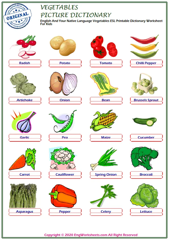 English And Your Native Language Vegetables ESL Printable Dictionary Worksheet For Kids Worksheet Preview