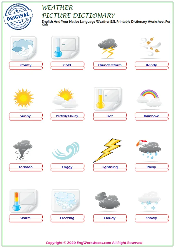 English And Your Native Language Weather ESL Printable Dictionary Worksheet For Kids Worksheet Preview