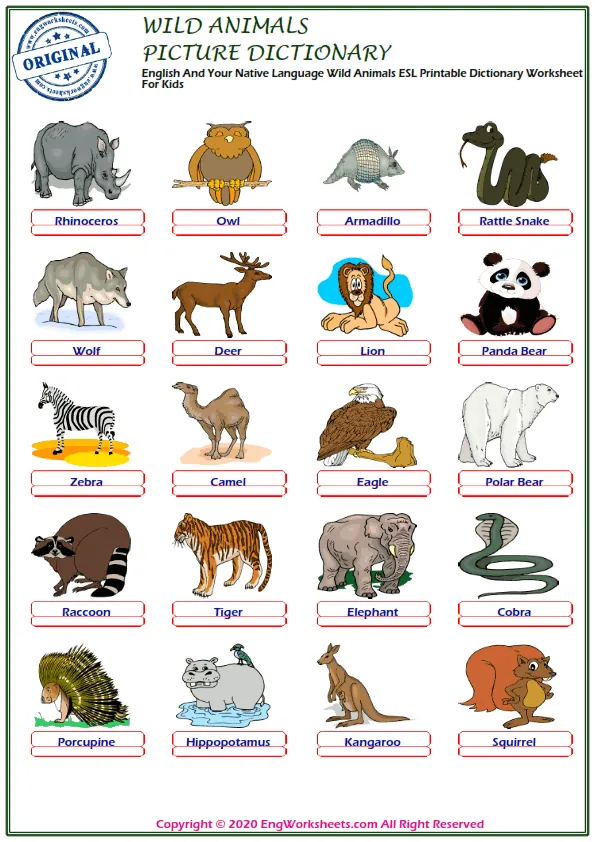 English And Your Native Language Wild Animals ESL Printable Dictionary Worksheet For Kids