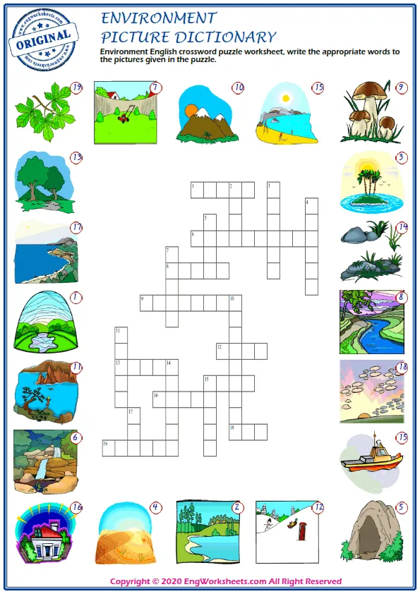 Environment English crossword puzzle worksheet, write the appropriate words to the pictures given in the puzzle.
