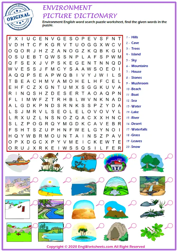 Environment English word search puzzle worksheet, find the given words in the puzzle.