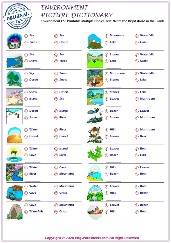 Environment ESL Printable Multiple Choice Test. Write the Right Word in the Blank.