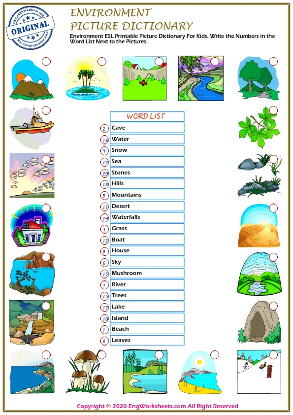 Environment ESL Printable Picture Dictionary For Kids. Write the Numbers in the Word List Next to the Pictures.