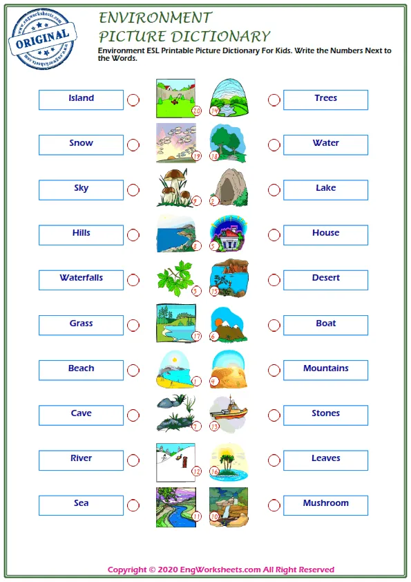 Environment ESL Printable Picture Dictionary For Kids. Write the Numbers Next to the Words.