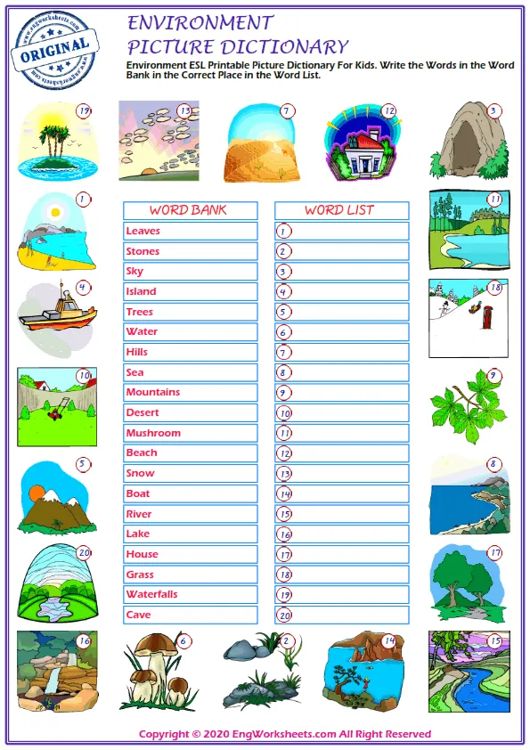Environment ESL Printable Picture Dictionary For Kids. Write the Words in the Word Bank in the Correct Place in the Word List.