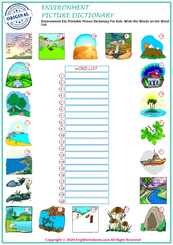 Environment ESL Printable Picture Dictionary For Kids. Write the Words on the Word List.
