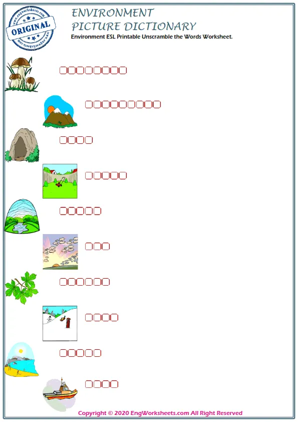 Environment ESL Printable Unscramble the Words Worksheet.