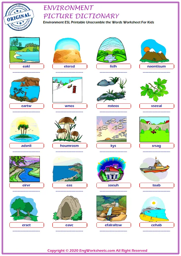 Environment ESL Printable Unscramble the Words Worksheet For Kids Worksheet Preview