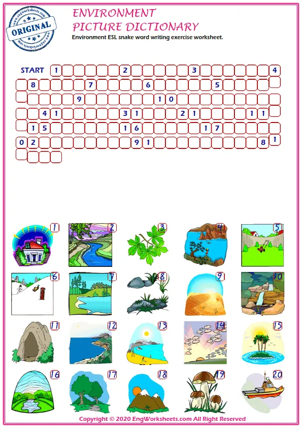 Environment ESL snake word writing exercise worksheet.