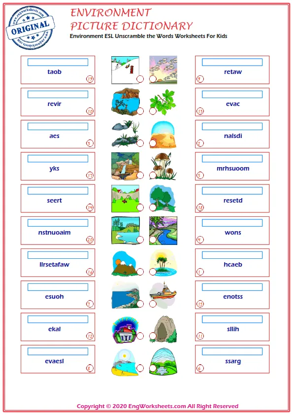 Environment ESL Unscramble the Words Worksheets For Kids