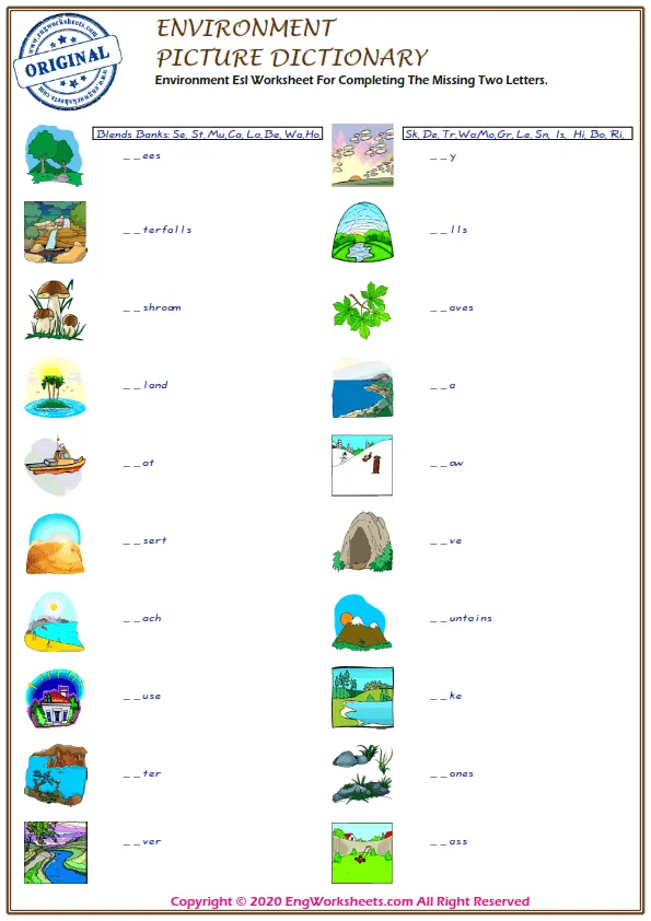 Environment Esl Worksheet For Completing The Missing Two Letters.