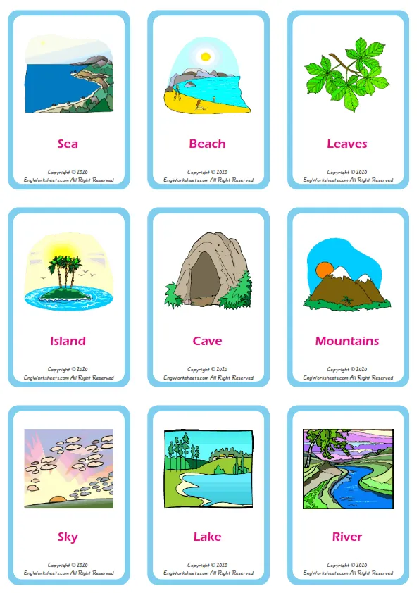 Environment vocabulary worksheet with words, nine images per page