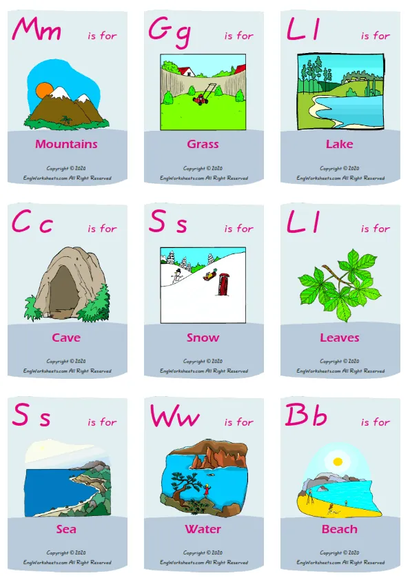 Environment vocabulary worksheet with words, nine images per page