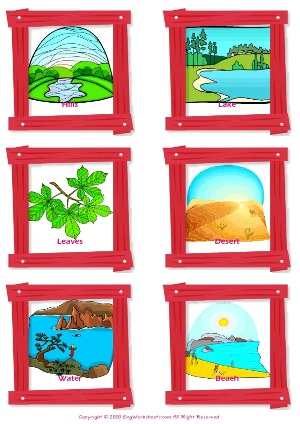 Environment vocabulary worksheet with words, six images per page