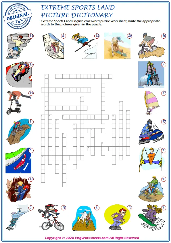 Extreme Sports Land English crossword puzzle worksheet, write the appropriate words to the pictures given in the puzzle.
