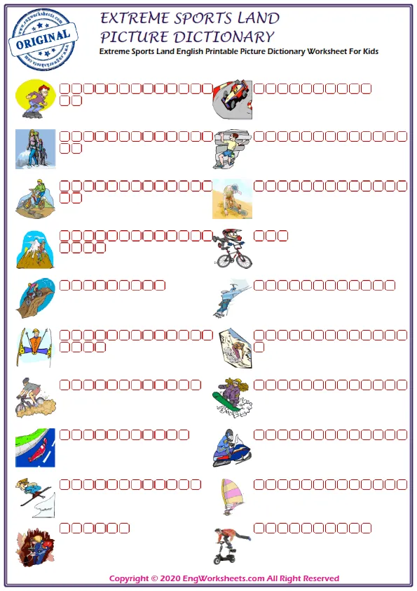 Extreme Sports Land English Printable Picture Dictionary Worksheet For Kids