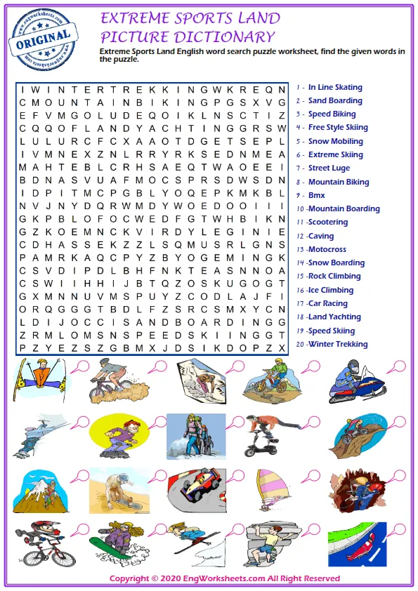 Extreme Sports Land English word search puzzle worksheet, find the given words in the puzzle. Worksheet Preview