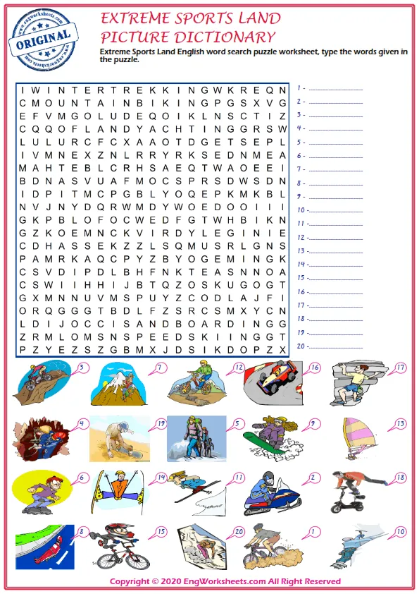 Extreme Sports Land English word search puzzle worksheet, type the words given in the puzzle. Worksheet Preview