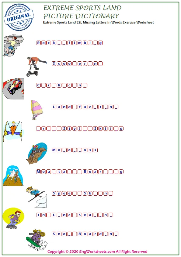 Extreme Sports Land ESL Missing Letters In Words Exercise Worksheet