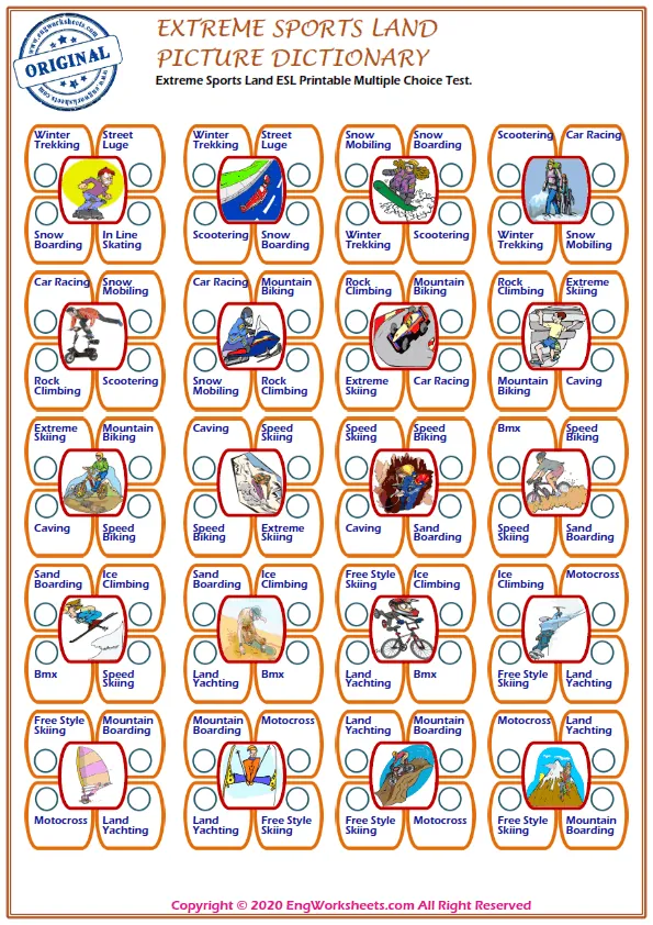 Extreme Sports Land ESL Printable Multiple Choice Test.