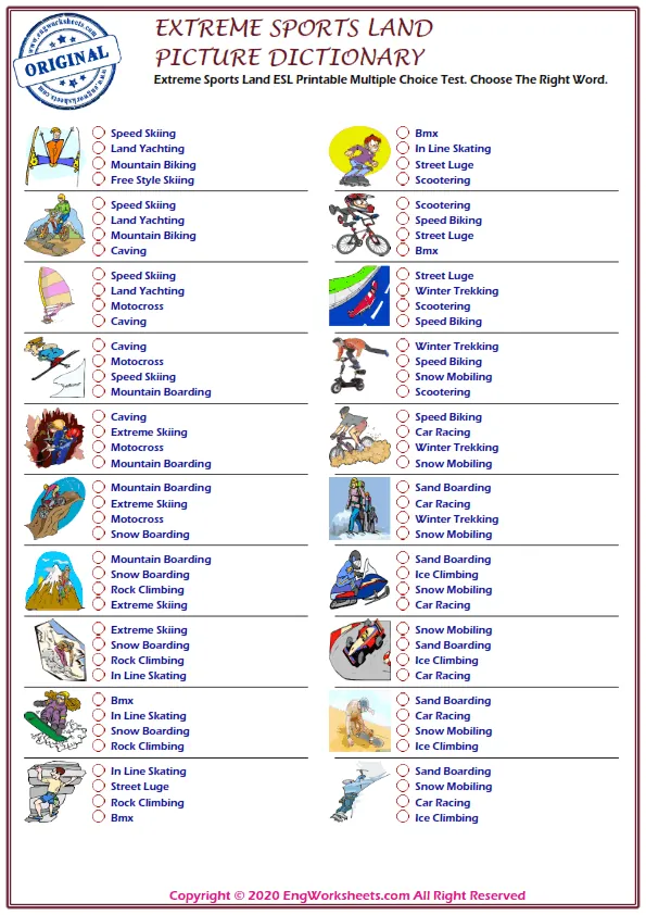 Extreme Sports Land ESL Printable Multiple Choice Test. Choose The Right Word.