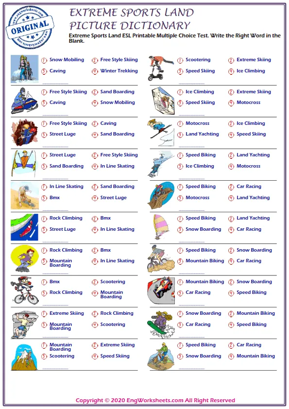 Extreme Sports Land ESL Printable Multiple Choice Test. Write the Right Word in the Blank.